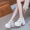 Fashion 11CM  Air Mesh Genuine Leather Breathable Hook Pumps Summer Ankle Boot Mary Jane Platform Sandals Chunky Heels Casual Shoes