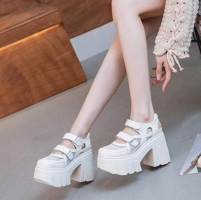 11CM Luftmasche Echtes Leder Atmungsaktiv Haken Pumps Sommer Stiefelette Mary Jane Plateau Sandalen Klobige Absätze Freizeitschuhe
