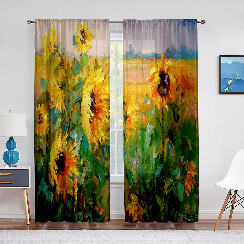 Sonnenblume Transparenter Voile Vorhang Ölgemälde Kunst Thema Bedruckte Chiffon Tüll Vorhänge für Wohnzimmer Schlafzimmer Küchendekoration