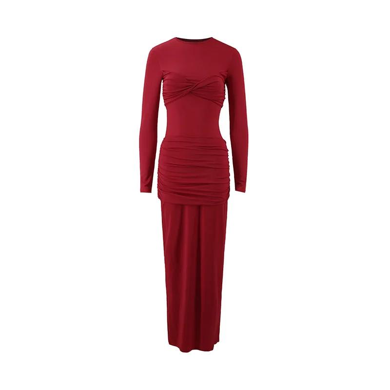 Long Sleeved Slim Fit Long Dress Women's New Round Neck Pleated