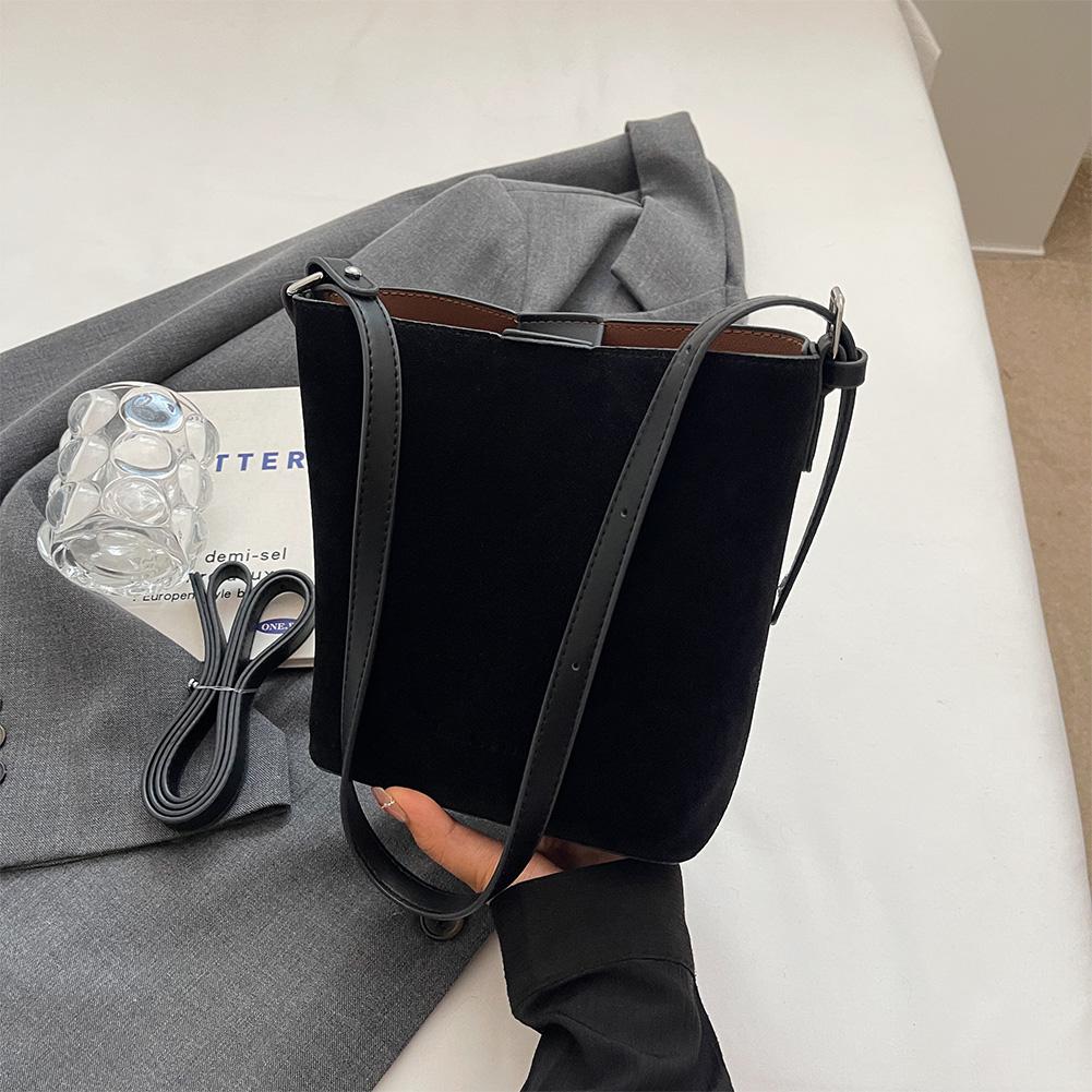 Women Suede Bucket Bag Adjustable Strap Hobo Shoulder Bag for Work Travel(Black)