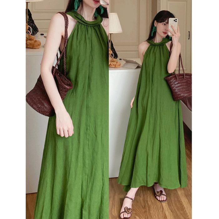 French Lazy Style Green Halterneck Off-the-Shoulder Dress Women s Summer New Temperament Resort Dress S армия зеленый