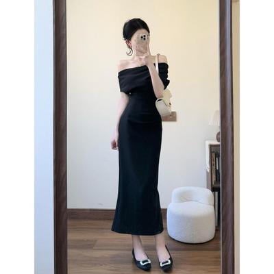 Light and Mature Style Black Slanted Shoulder Dress, Girlish Temperament Waist Long Dress, Zixia