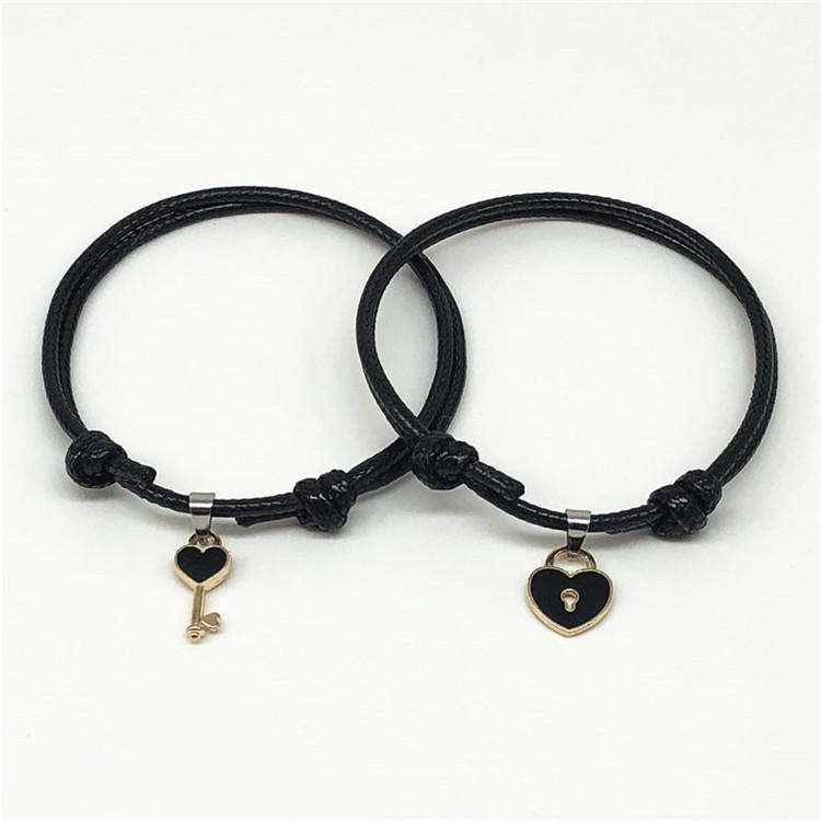 

2023 Unisex Alloy Love Key Couple Bracelets with Black Wax Rope (Pair) Black BN-0169