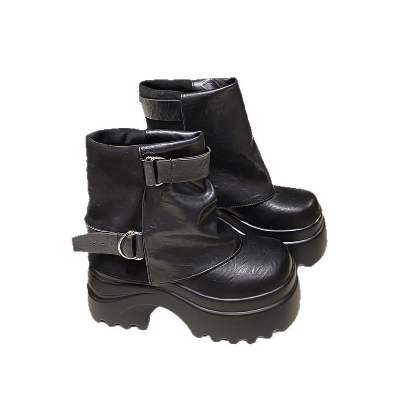 Black Martin boots women's 2025 autumn new retro stacking boots belt buckle thick-soled inner heightening trouser tube boots