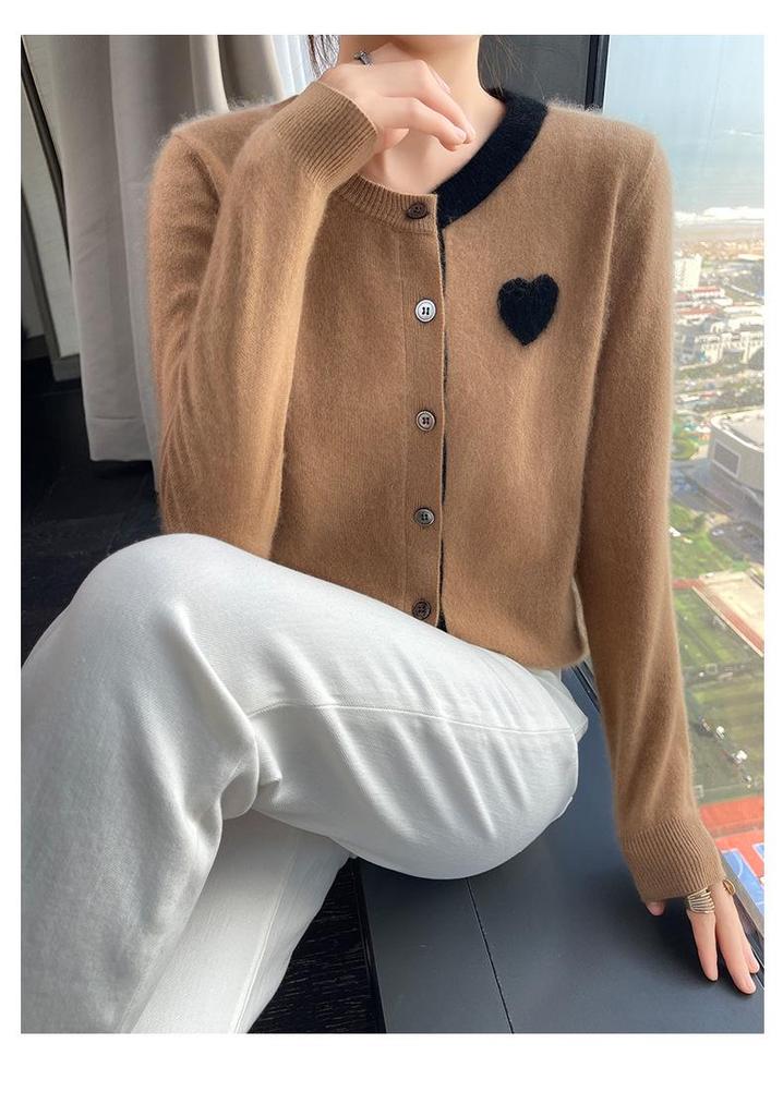 Women's Cashmere Cardigan: Color Block, Round Neck, Sweetheart Embroidery, Loose Fit Sweater.