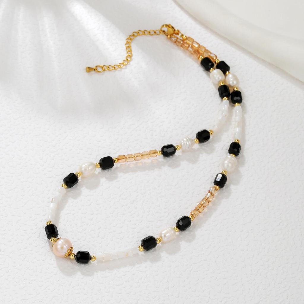 Exquisite Retro Bracelet-Necklace: Freshwater Pearls with Black & Yellow Crystals