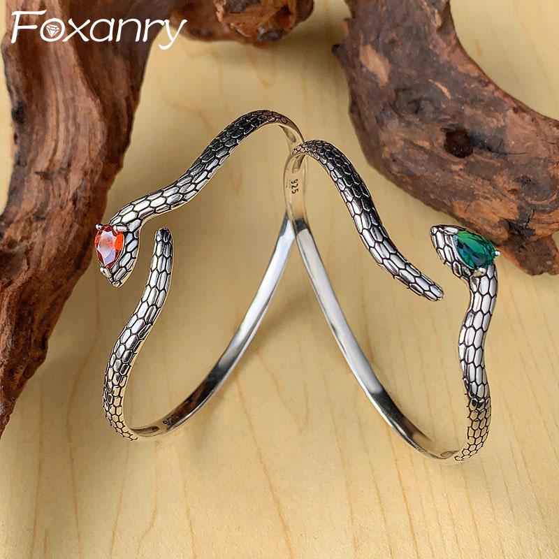 Foxanry Red Green Zircon Snake Cuff Bracelets For Women Couples Vintage Simple Trendy Elegant Personality Birthday Jewelry Gifts
