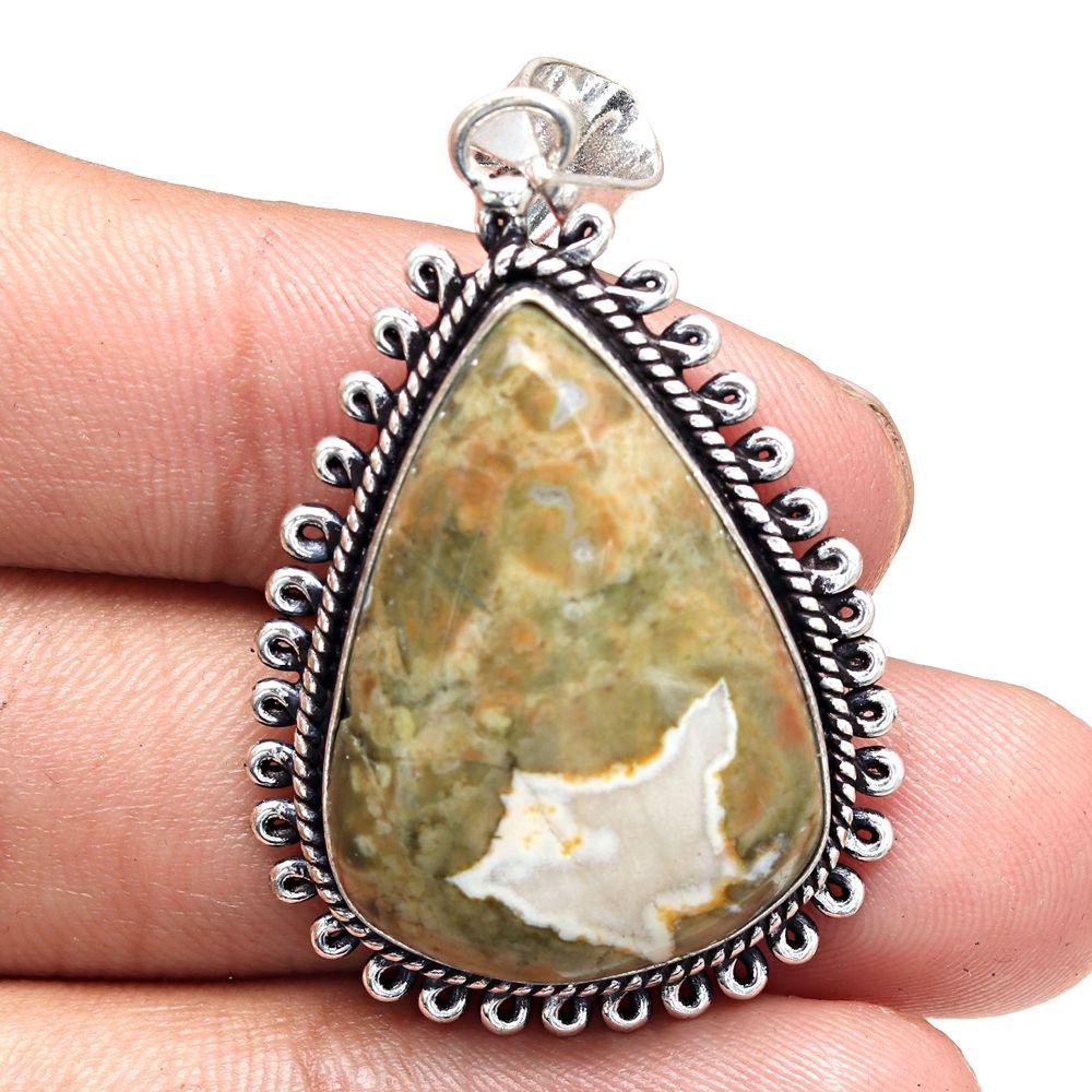 Pendant Rainforest Jasper Gemstone Handmade Silver Jewelry 2"