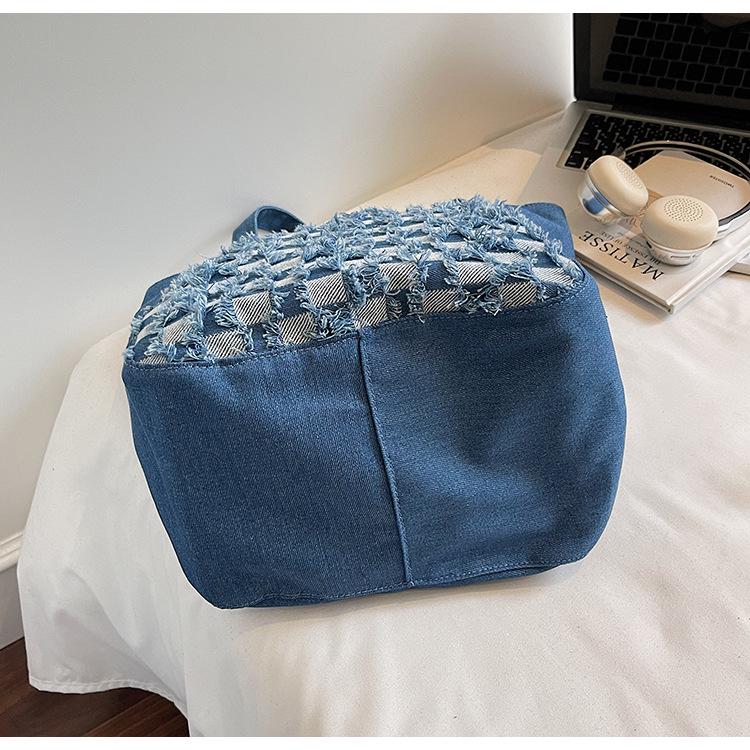 Winter 2025 Plaid Washed Denim Embroidered Handbag - Large Capacity Shoulder Bag