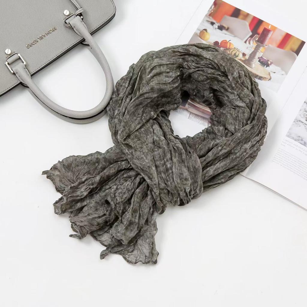 Solid Green Cotton Linen Vintage Pleated Scarf Shawl Autumn Winter Unisex Thin Long Neck Wrap Warmth Breathable Lightweight