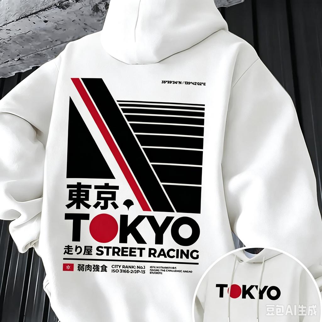 Retro JDM Tokyo Racing Double-sided Print Men's Hoodie, Adorned with Japanese Characters and Geometric Stripes, Perfect for Autumn/winter Street Style