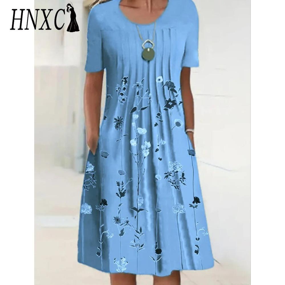 HNXC 30 Color Pleated Midi Dress Short Sleeve Round Neck Loose Hem Mid-Calf Length Women Floral A-Line Party Dress Casual Wear