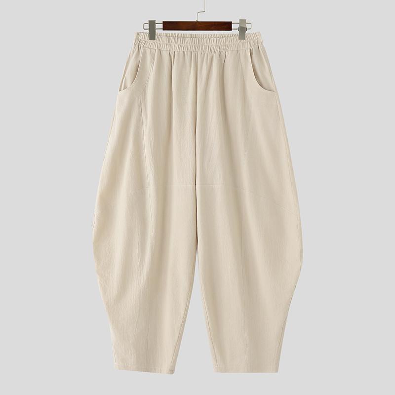 INCERUN Men Elastic Waist Cotton Linen Casual Solid Color Drop-crotch Pants Lantern Trousers