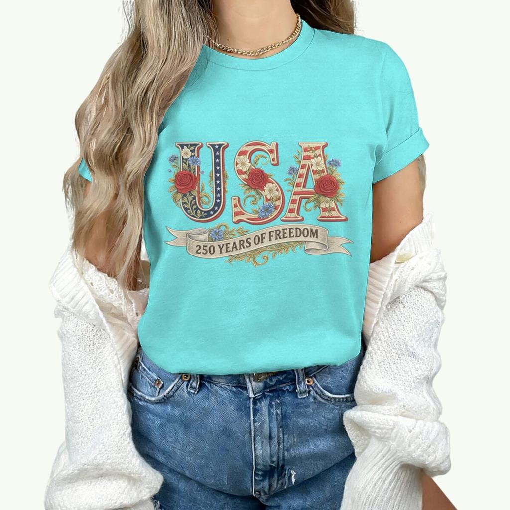Causal 250th Anniversary Floral USA T-Shirt Women Retro Patriotic Rose Daisy Flowers Tee Fashion Independence Day 2026 Shirt