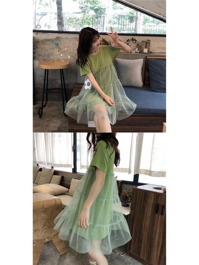 Summer 2023 Korean-Style Maternity Patchwork Dress – Loose Fit, Fresh, Sweet, and Fairy-Themed with Short Sleeves.