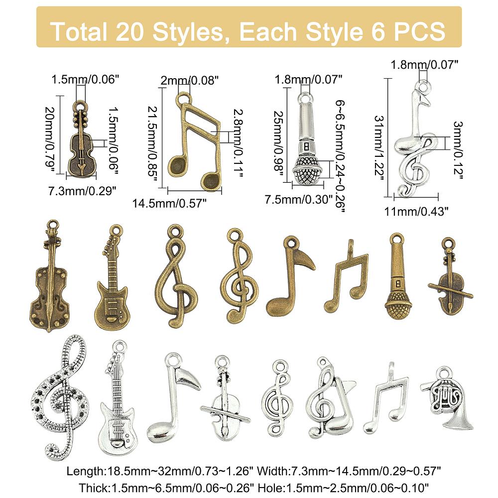 Tibetan Style Alloy Pendants Musical Theme DIY Jewelry Bracelet Necklace Accessories Mixed Shape Mixed Color 18.5~32x7.3~14.5x1.5~6.5mm