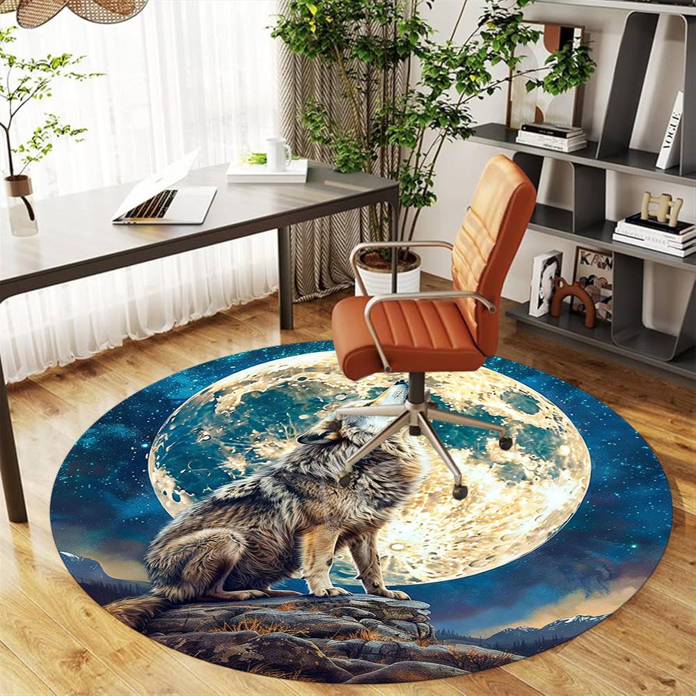1PC wolf howling moon Office Round Area Rug, Under Office Chairs Bedroom Living Room Home Decor, Carpet for Office -1110016