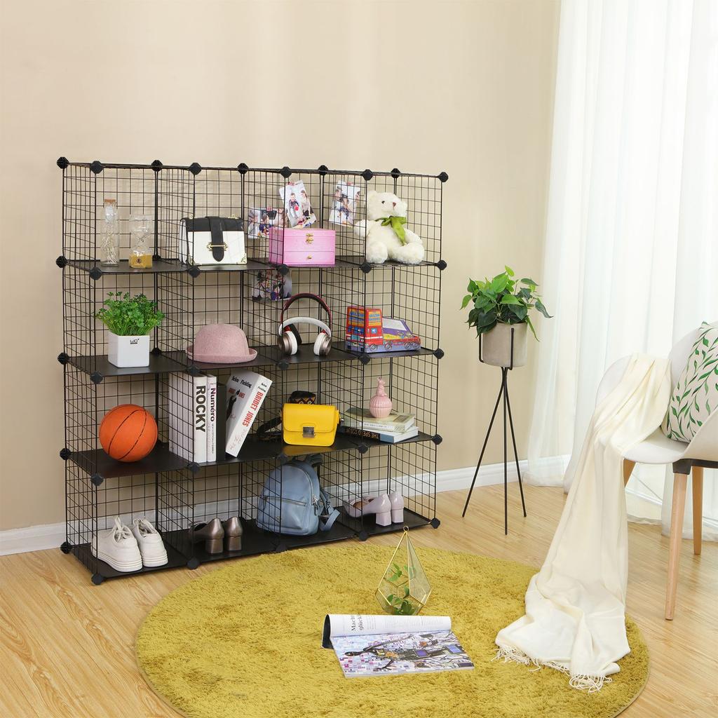 SONGMICS 16 Cube Metal Wire Storage Organiser, DIY Closet Cabinet and Modular Shelving Grids, Wire Mesh Shelves and Rack, Black
