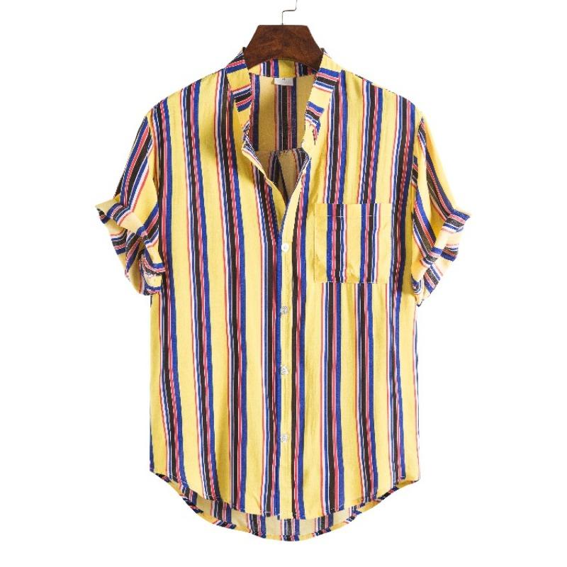 Summer new lapel print shirt men s casual loose striped short-sleeved shirt M