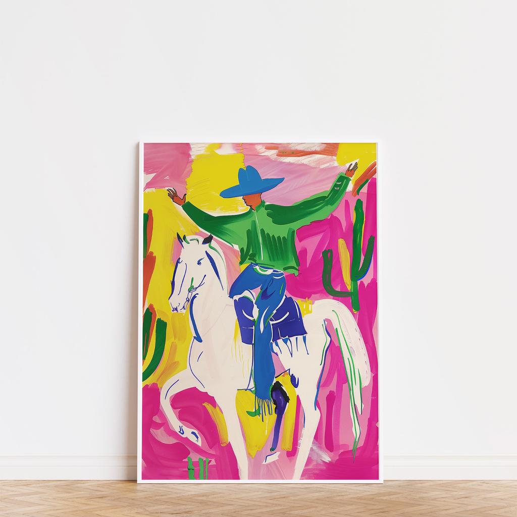 Abstract Rodeo Art Poster Colorful Eclectic Cowboy Wall Art Neutral Floral Home Office Living Room Decor Wall Decor Aesthetic