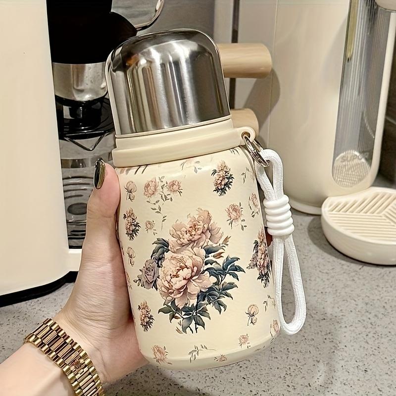 1 unidad Botella de agua de acero inoxidable con aislamiento floral lindo con tapa - A prueba de fugas, Vaso portátil para viajes al aire libre, Camping, Senderismo - Botella de agua para viajes