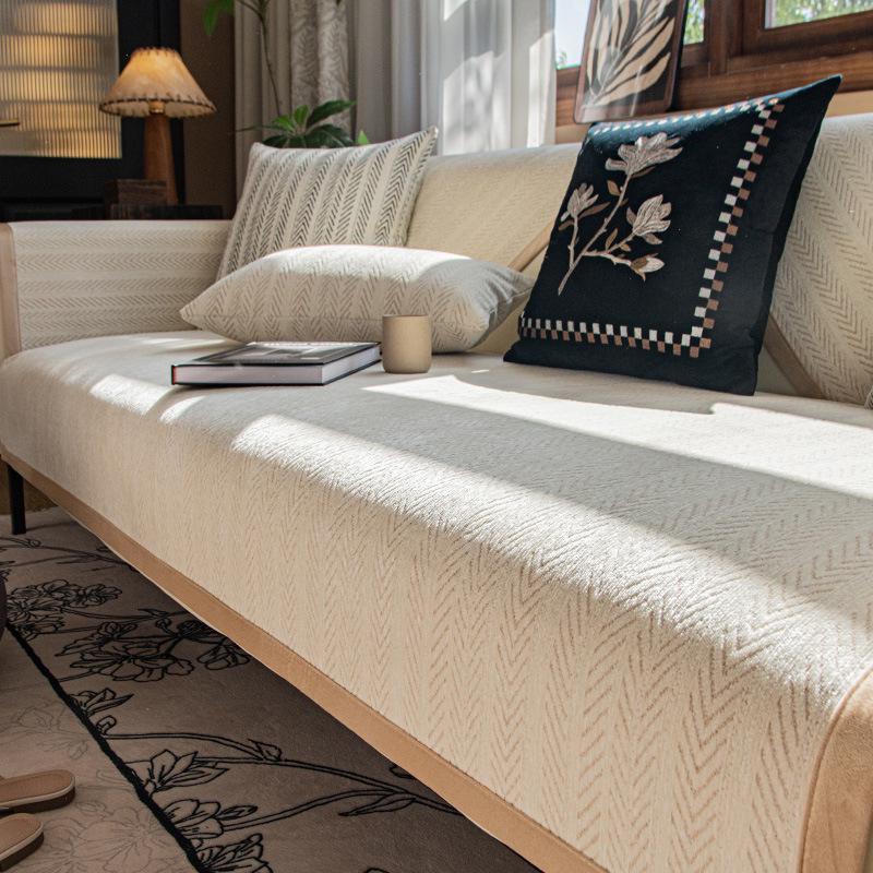 All-Season French & Medieval Style Non-Slip Fishbone Sofa Cushion Cover in Straight-Row Design