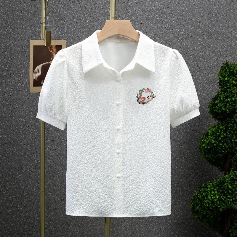 

Womens Floral Embroidery Puff Sleeve White Shirt M