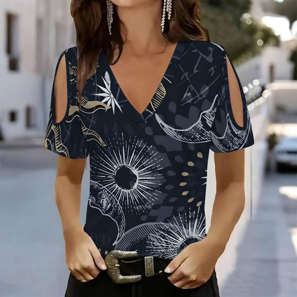 Women V Neck Cold Shoulder Blouse Black Background Colorful Star Print Short Sleeve Top