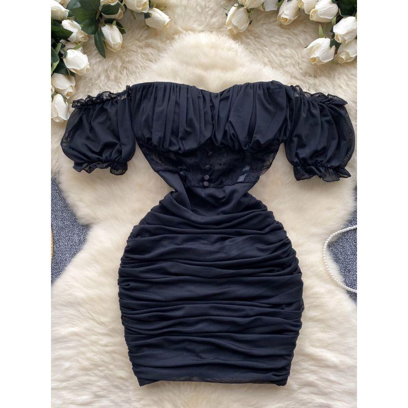 Pure Desire Sexy off-the-Shoulder Tube Top Dress Female Scheming off-Shoulder Ruched Lace Patchwork Waist-Slimming Black Sheath Skirt