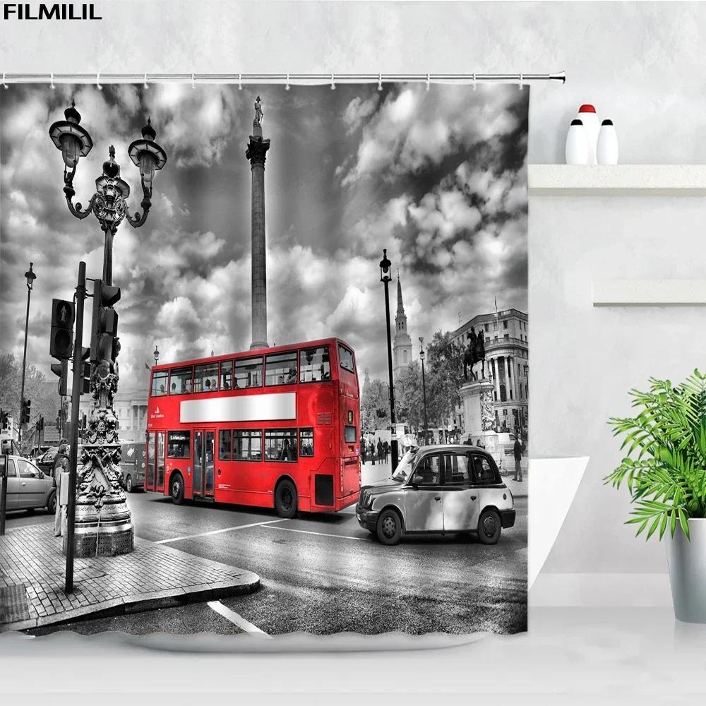 London Street View Shower Curtains Big Ben Red phone Booth Bus Printing Retro Wall Decor Cloth Screen Hooks Bathroom Curtain Set