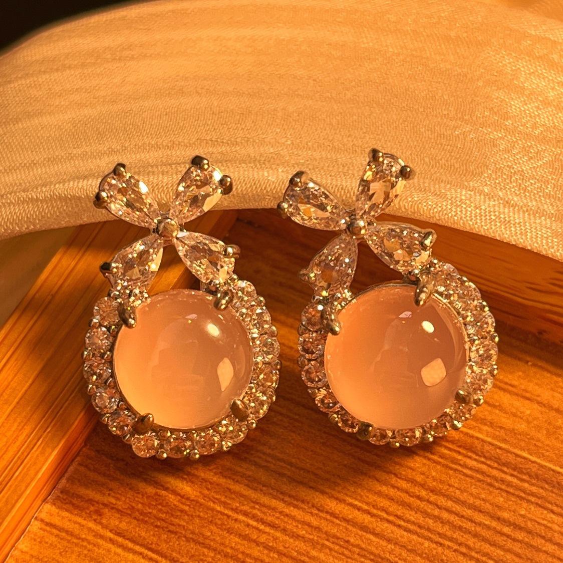 Jade White Ice Light Natural White Chalcedony Earrings Agate Studs, Real Shot