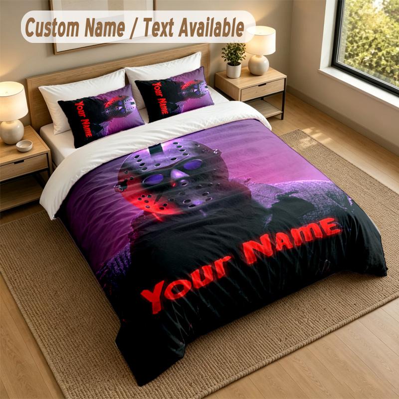 3Pcs Bedding Set Custom Name Text, 1 Sheet 2 Pillowcases Home Bed DecorFriday the 13th Jason Voorhees