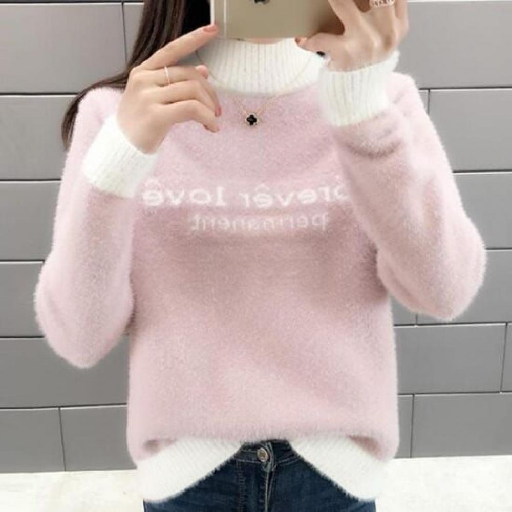 Navava Mock Neck Warm LeTTering Color Block Angora Long Sleeve KniT T shirT Nk