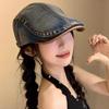 Women's Retro Washed Denim Duckbill Flat Cap with PU, Versatile Face Slimming Design, Spring-Autumn Backwards Beret.