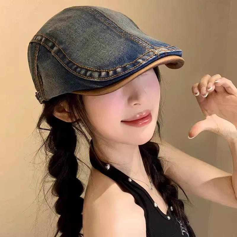 Women's Retro Washed Denim Duckbill Flat Cap with PU, Versatile Face Slimming Design, Spring-Autumn Backwards Beret.