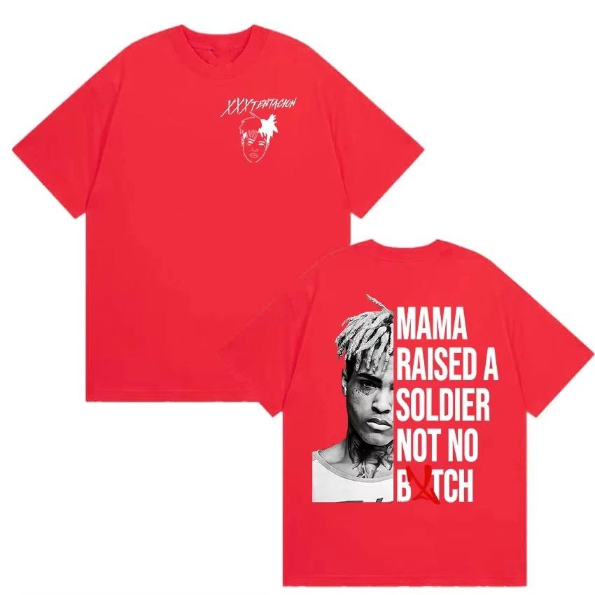 XXXTentacion Portrait "Mama Raised A Soldier" Quote Graphic Double Sided Oversized Streetwear Hip Hop Rap Fan Merch T-Shirt Top for Rap Enthusiasts