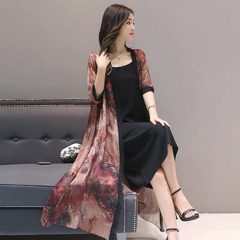 1 Stück Chiffon-Strickjacke, mittellang, Sonnenschutz, weiblich, locker, lässig, großer Schal, bedruckt, Klimaanlage, Strand