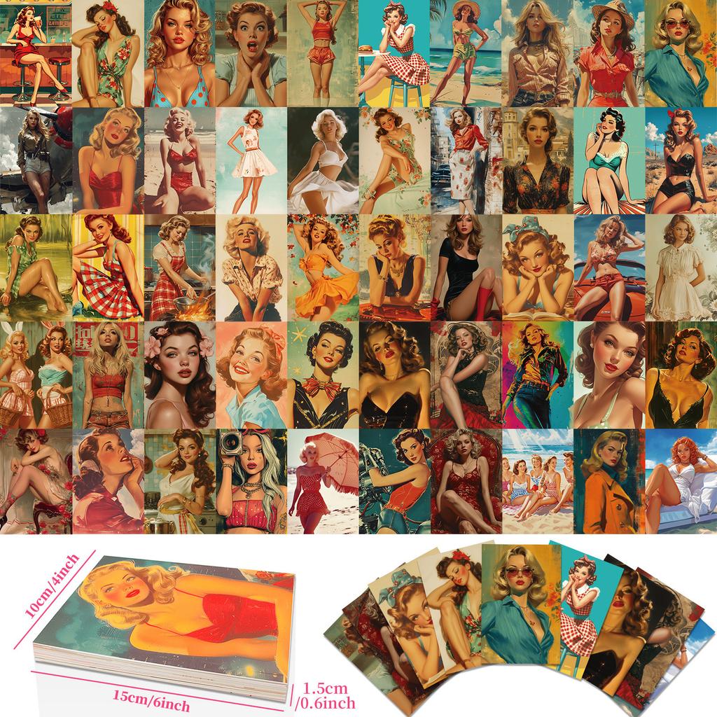 50 Vintage Girl Wall Decor Cards Nostalgic Sexy Girl Greeting Cards Postcards