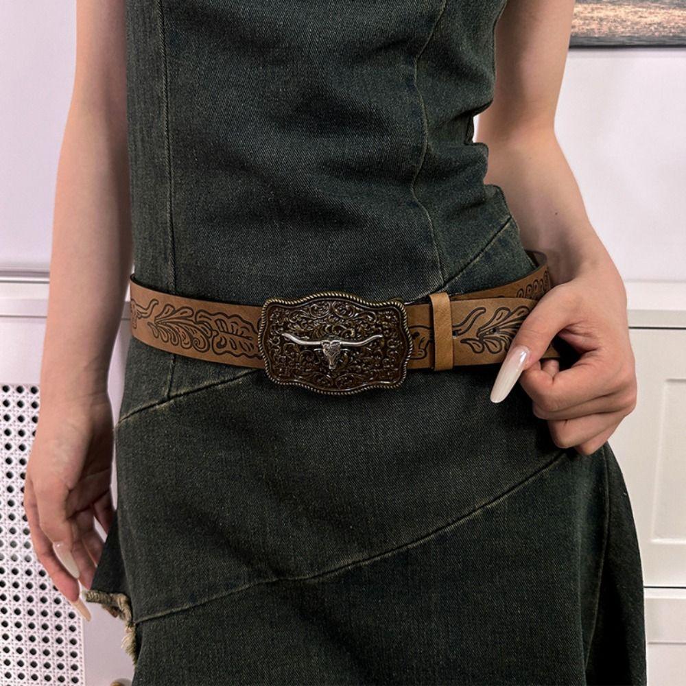 Cow Head Buckle Western Cowboy Belt Retro Waistband Fashion Embossed Belt  For Man Women