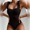 Square Collar Backless Ribbed Women Monokini Ruffle Shoulder Straps Solid Color One-piece