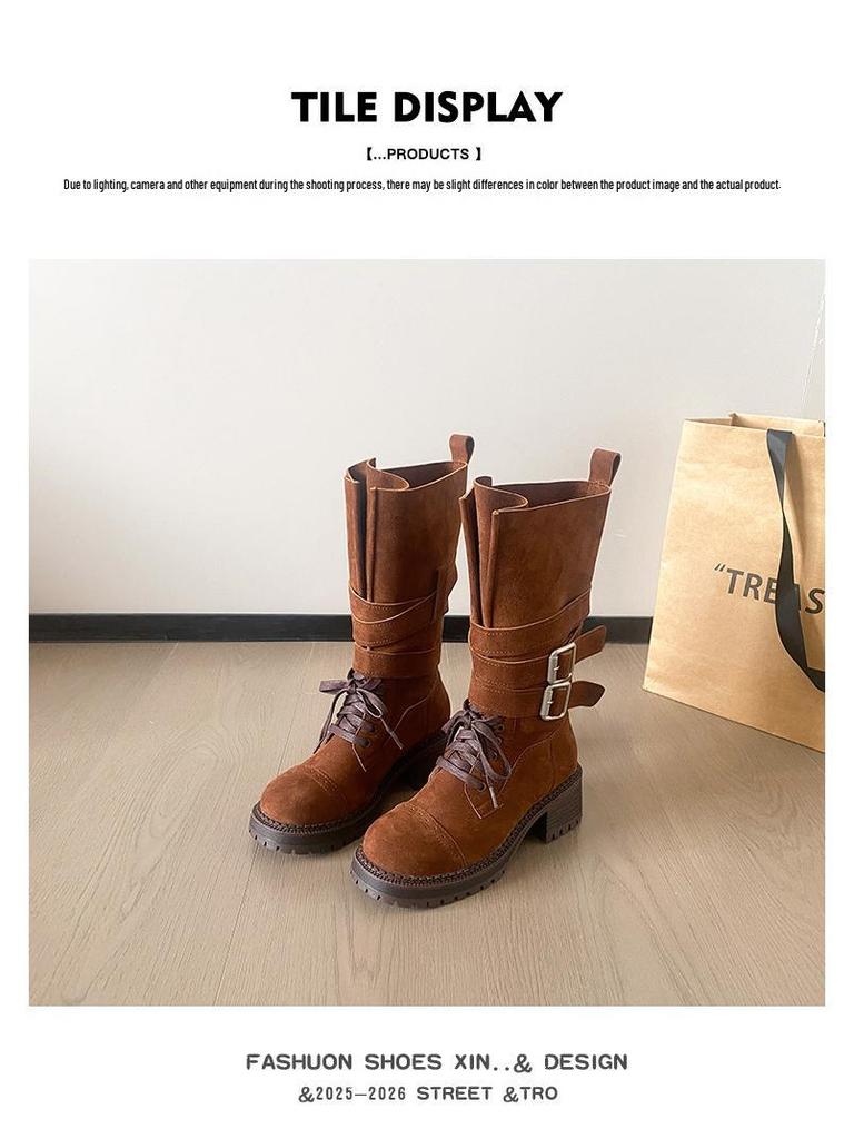 Autumn 2025 Genuine Leather Retro Mid-Calf Buckle Boots - Western Chunky Heel Motorcycle Style