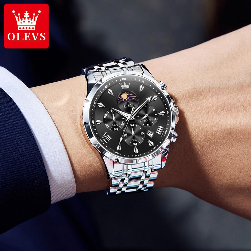 OLEVS 3653 Brand Moon Phase Calendar Men Watch Waterproof Quartz Watch for Male Stainless steel Business Chronograph Wristwatch