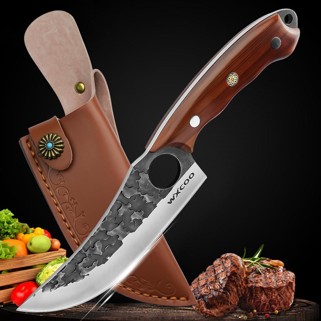 Professionelles Metzgermesser Geschmiedetes Ausbeinmesser Edelstahl Hackbeil Küchenchefmesser Fleisch Fisch Obst Messer mit Abdeckung