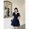 Lace v-neck short-sleeved dress summer new French waist thin lace-up A-shaped skirt cake short skirt women