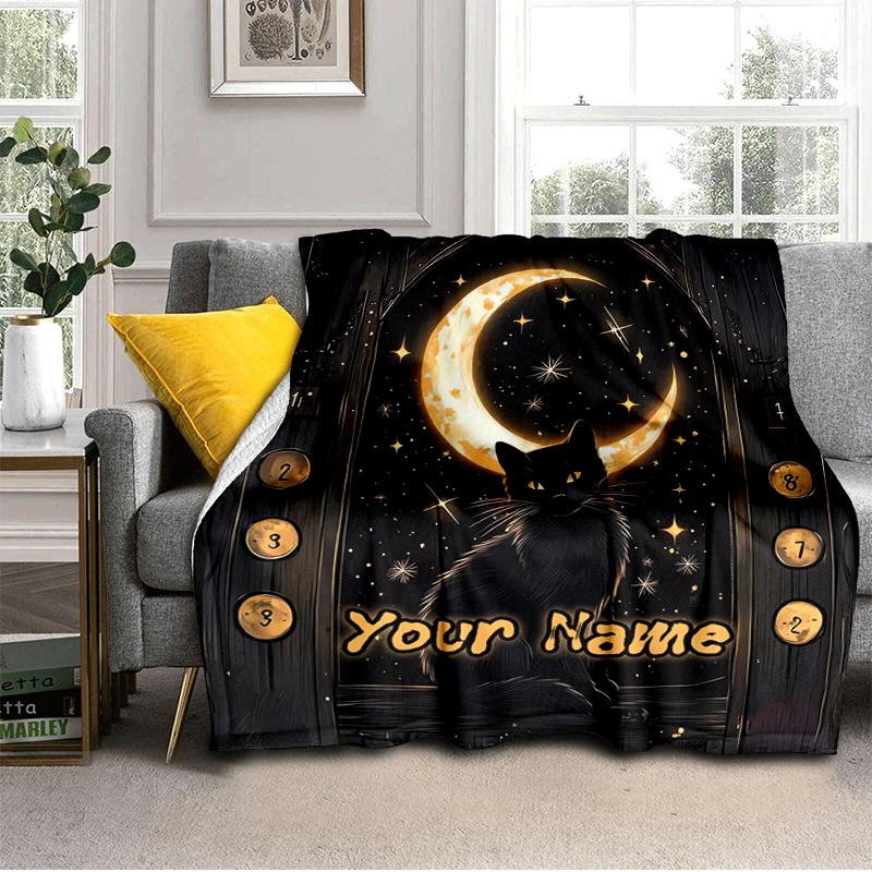 1PC Custom Name Moonlit Cat Journey blanket versatile,all-season throw suitable for the living room,bedroom,camping,travel,and gift