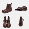 Johnature Flat Bottom Plush Warm Cotton Boots Solid Color Retro Genuine Leather Women's Short Boots