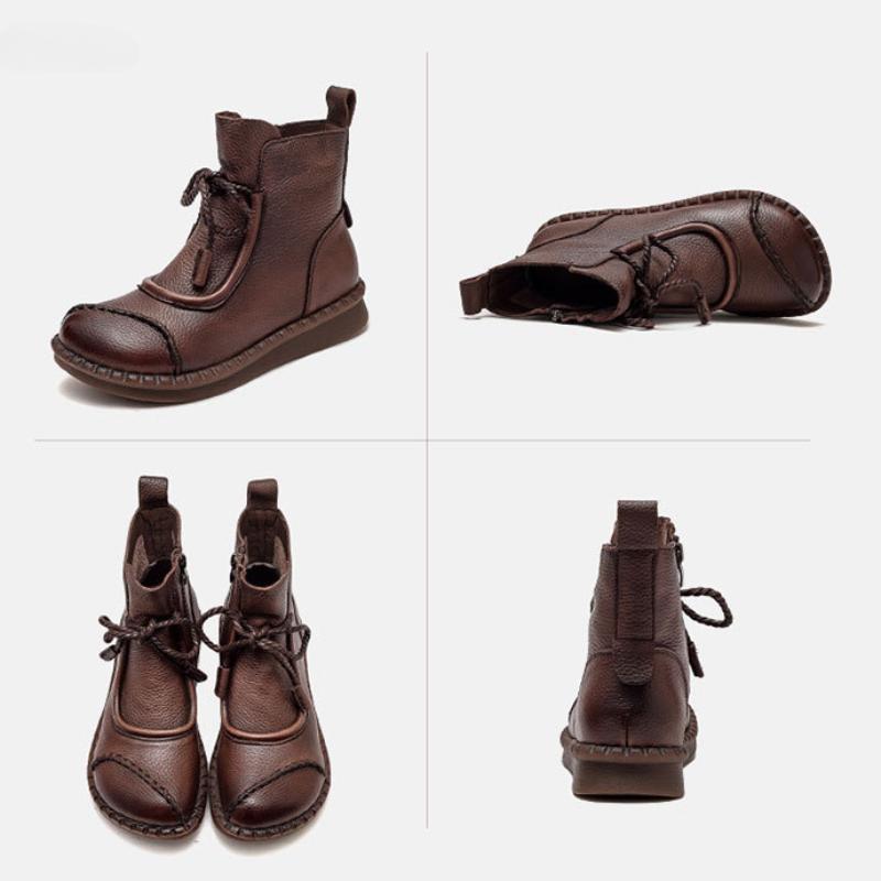 Johnature Flat Bottom Plush Warm Cotton Boots Solid Color Retro Genuine Leather Women's Short Boots