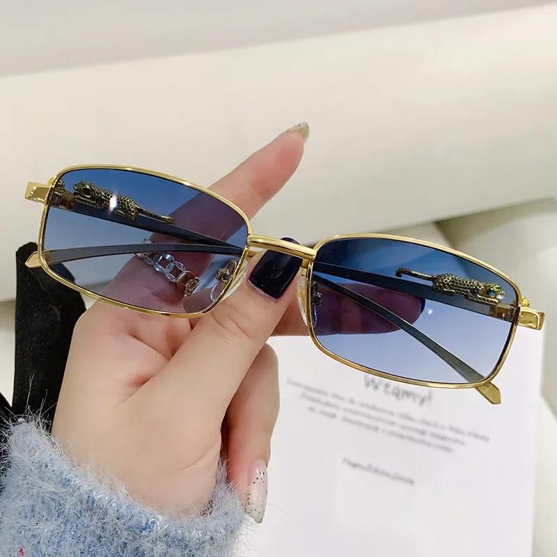 Fashion Small Frame Rectangle Sunglasses Women Retro Cheetah Decoration Clear Ocean Lens UV400 Shades