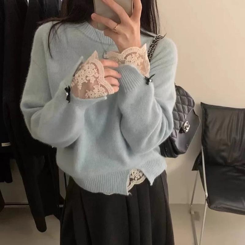 

Корейская Мода Сладкое Кружево Вставка Вязаный Пуловер Свитер Женский Осень Зима Сладкий Базовый Топ Модный Базовый Элегантный Свободный Однотонный Одежда One size светло-синий